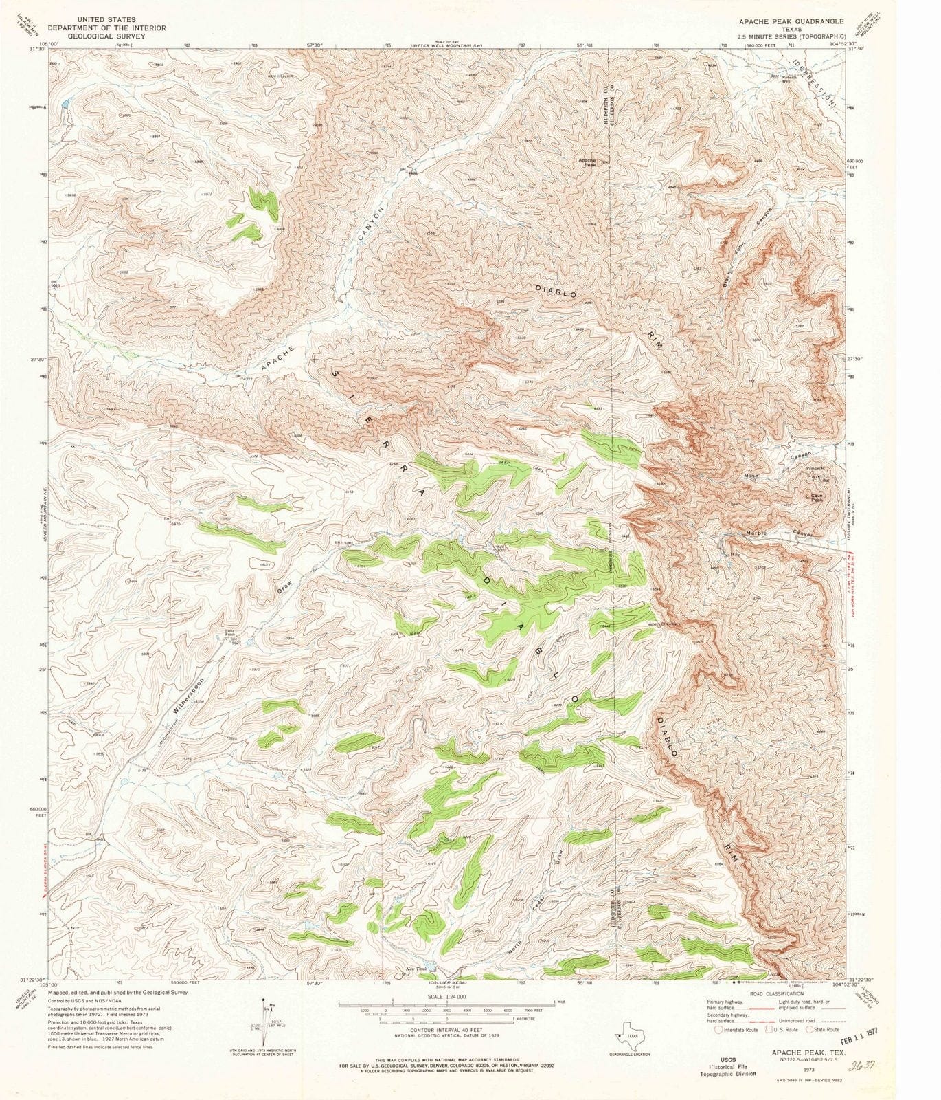 1973 Apache Peak, TX - Texas - USGS Topographic Map