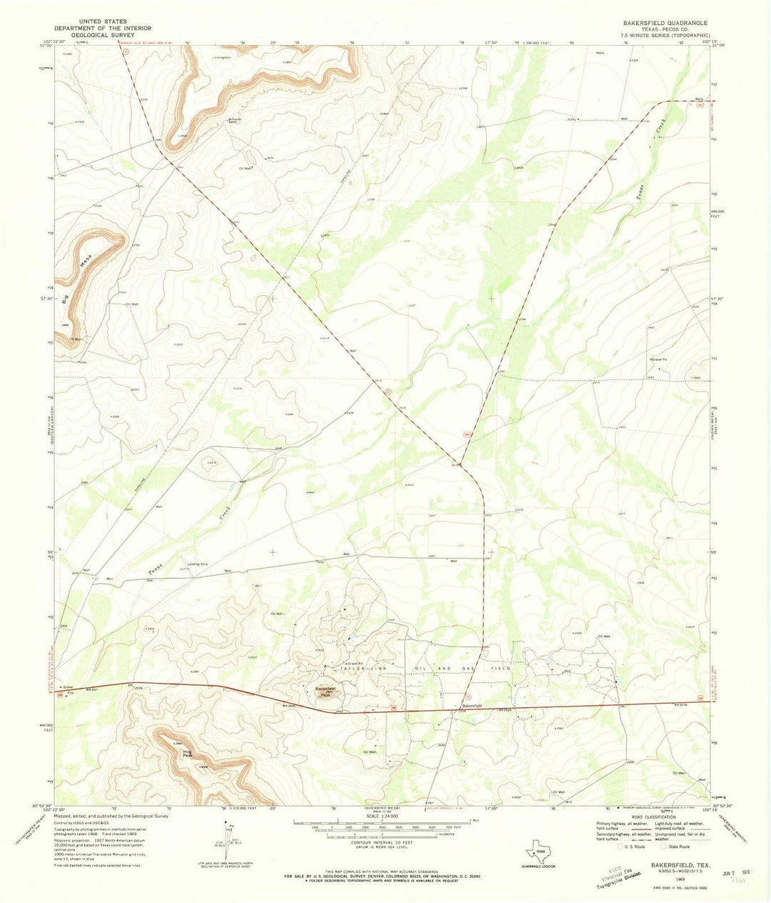 1969 Bakersfield, TX - Texas - USGS Topographic Map