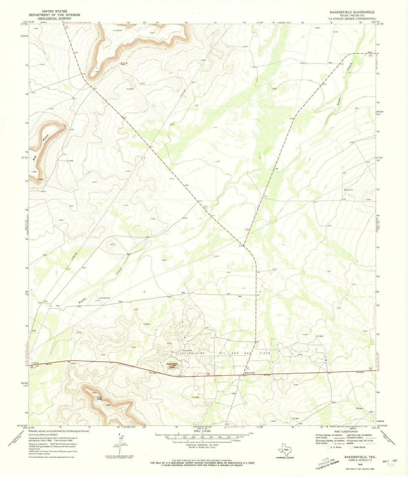 1969 Bakersfield, TX - Texas - USGS Topographic Map