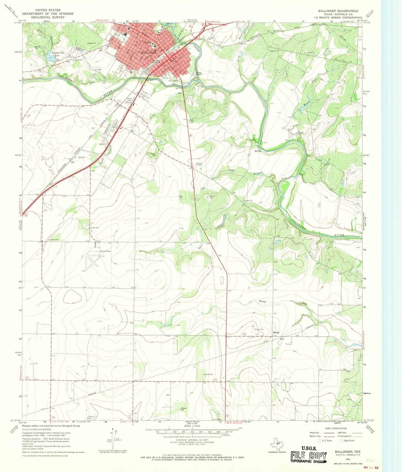 1967 Ballinger, TX - Texas - USGS Topographic Map