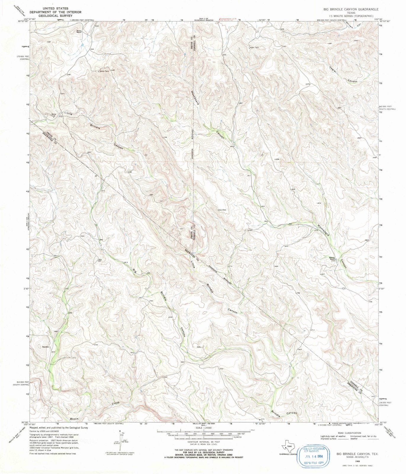 1968 Big Brindle Canyon, TX - Texas - USGS Topographic Map