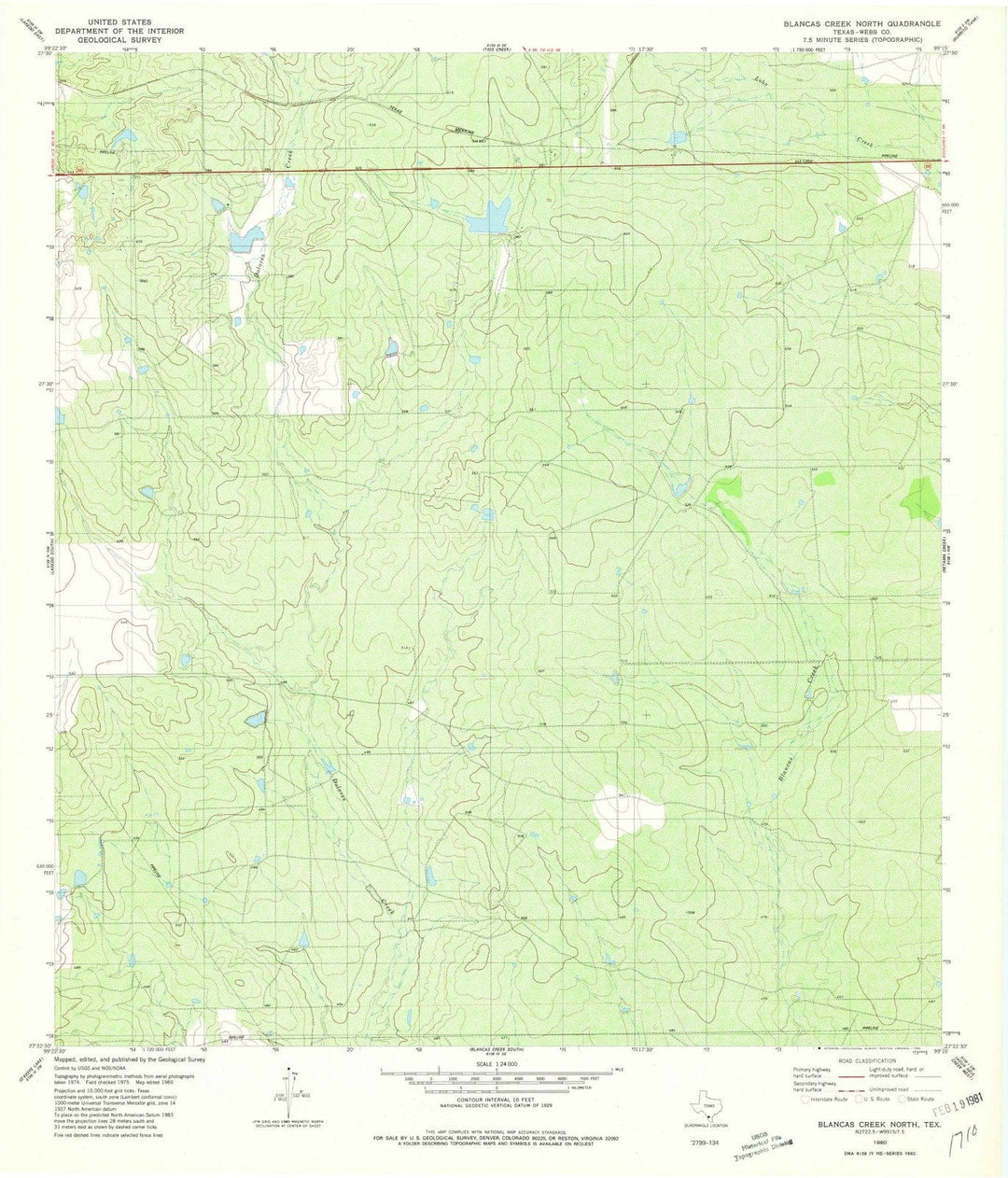 1980 Blancas Creek North, TX - Texas - USGS Topographic Map