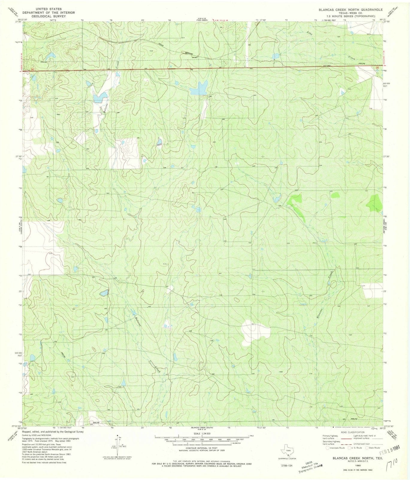 1980 Blancas Creek North, TX - Texas - USGS Topographic Map