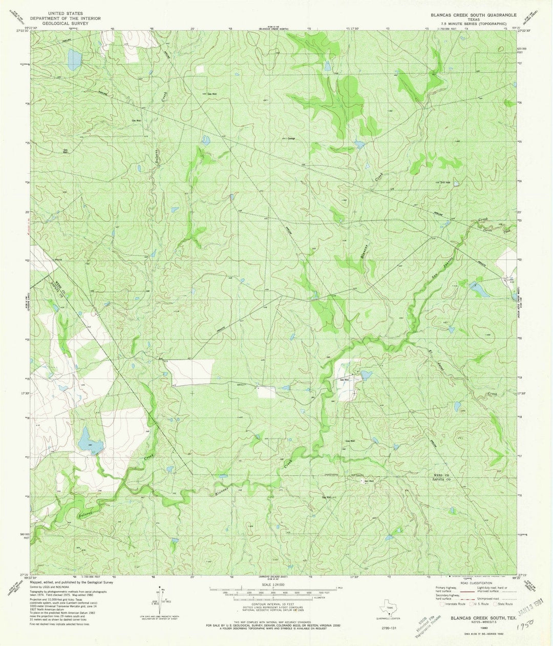 1980 Blancas Creek South, TX - Texas - USGS Topographic Map