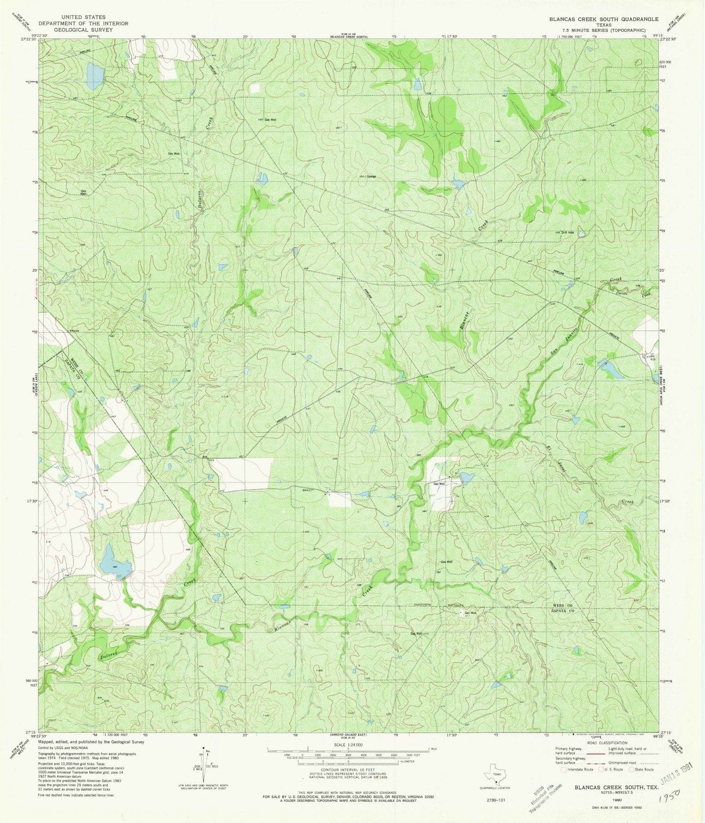 1980 Blancas Creek South, TX - Texas - USGS Topographic Map