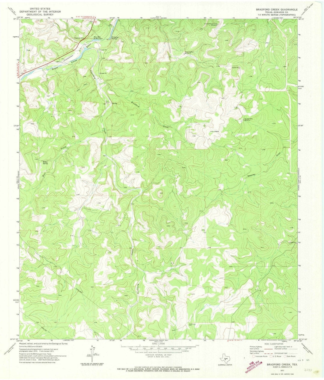 1971 Bradford Creek, TX - Texas - USGS Topographic Map