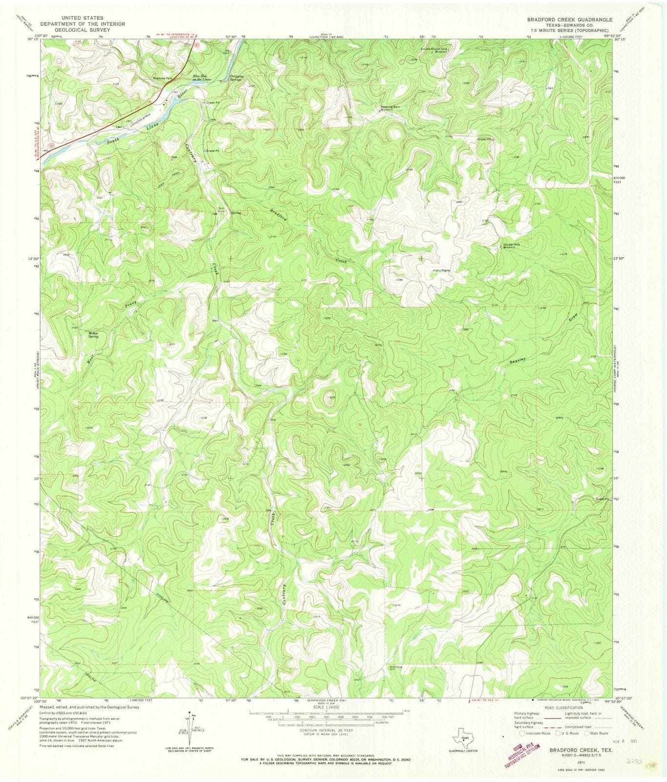 1971 Bradford Creek, TX - Texas - USGS Topographic Map