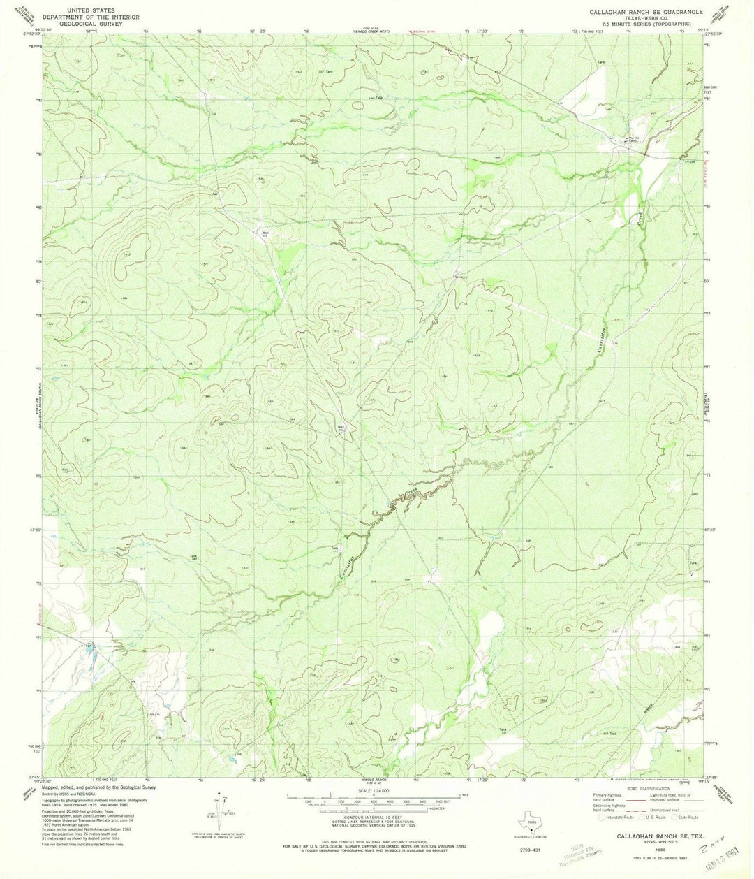 1980 Callaghan Ranch, TX - Texas - USGS Topographic Map