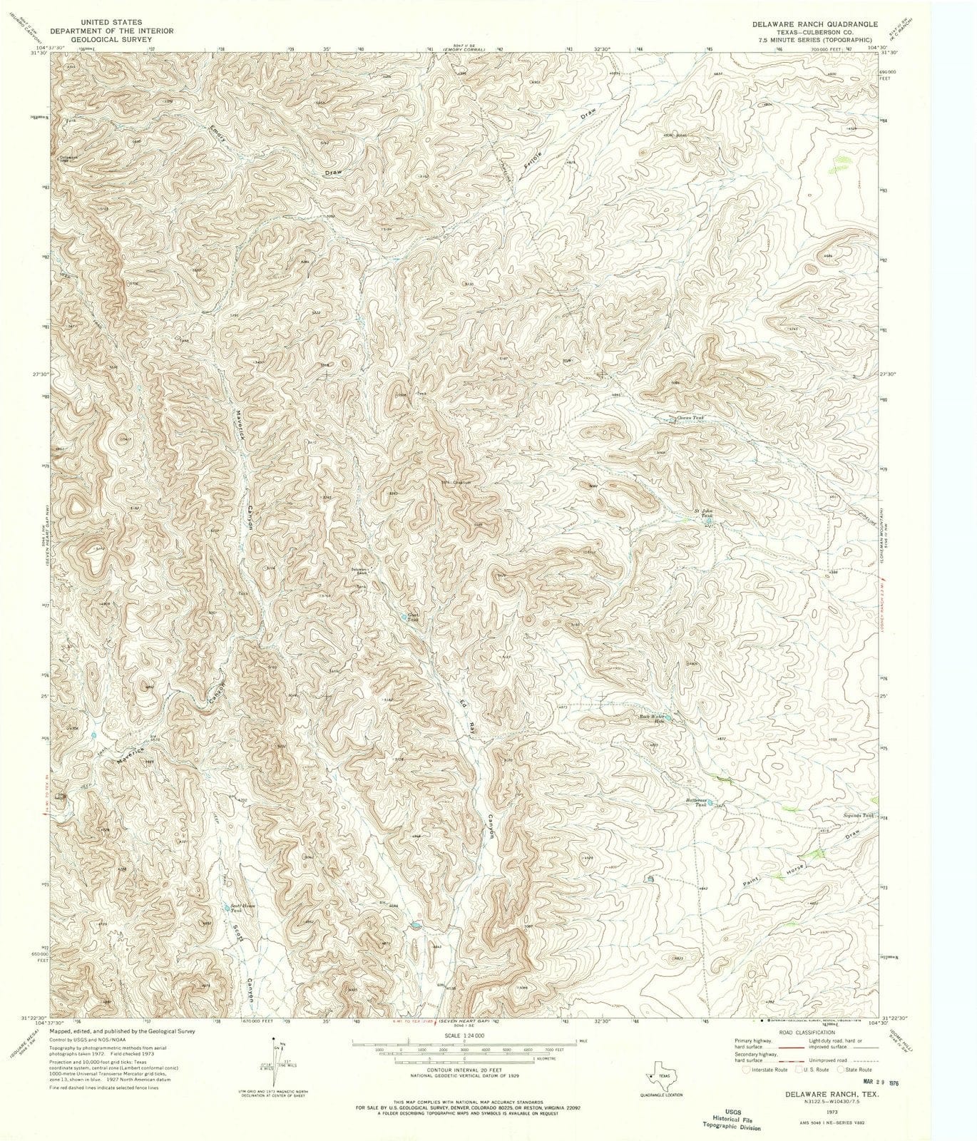 1973 Delaware Ranch, TX - Texas - USGS Topographic Map