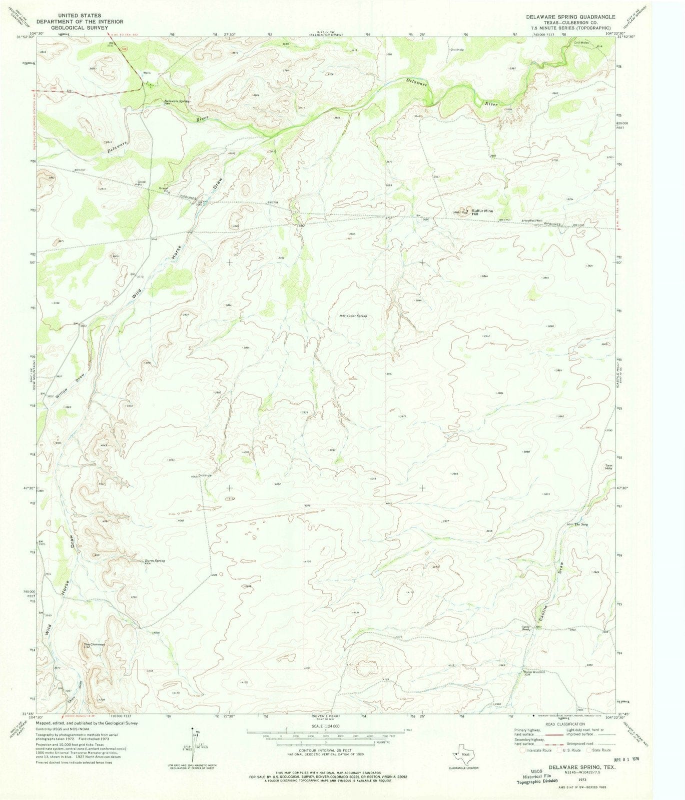 1973 Delaware Spring, TX - Texas - USGS Topographic Map