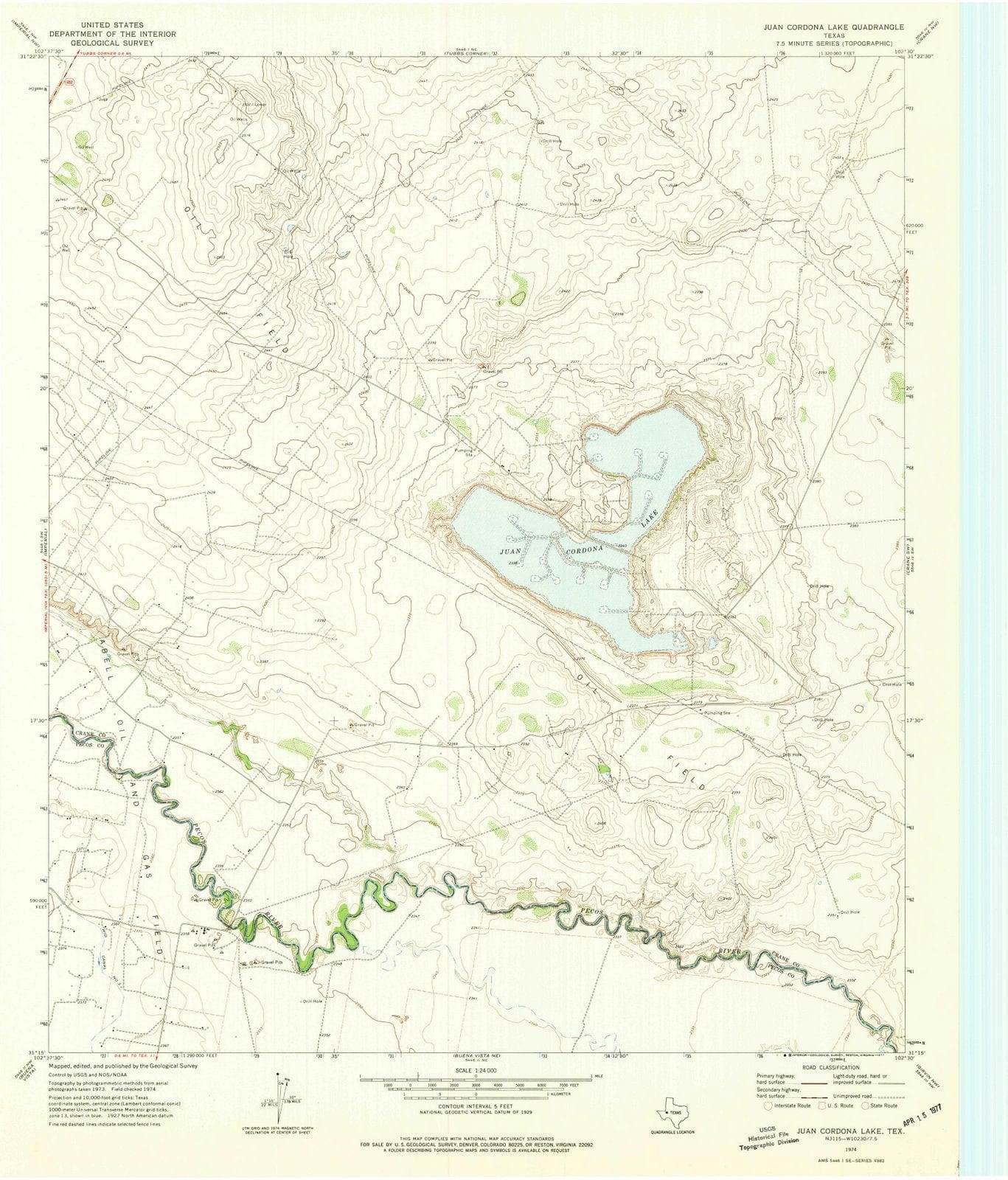 1974 Juan Cordona Lake, TX - Texas - USGS Topographic Map