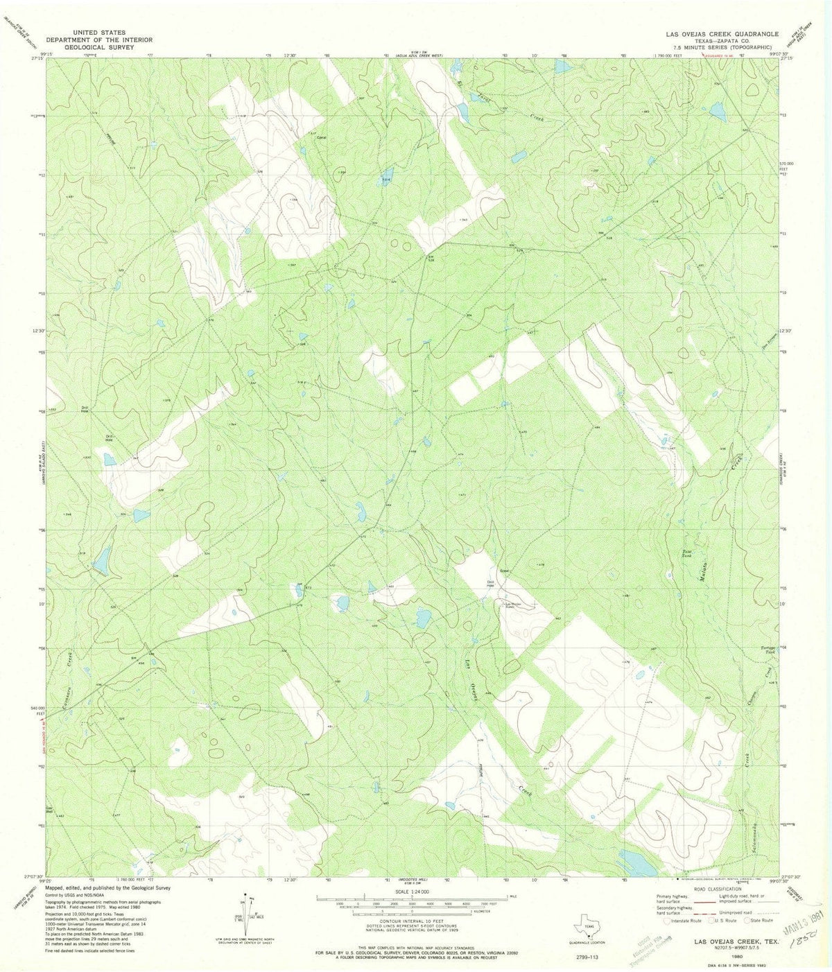 1980 Las Ovejas Creek, TX - Texas - USGS Topographic Map