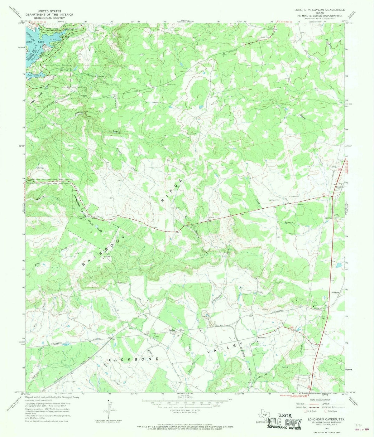1967 Longhorn Cavern, TX - Texas - USGS Topographic Map