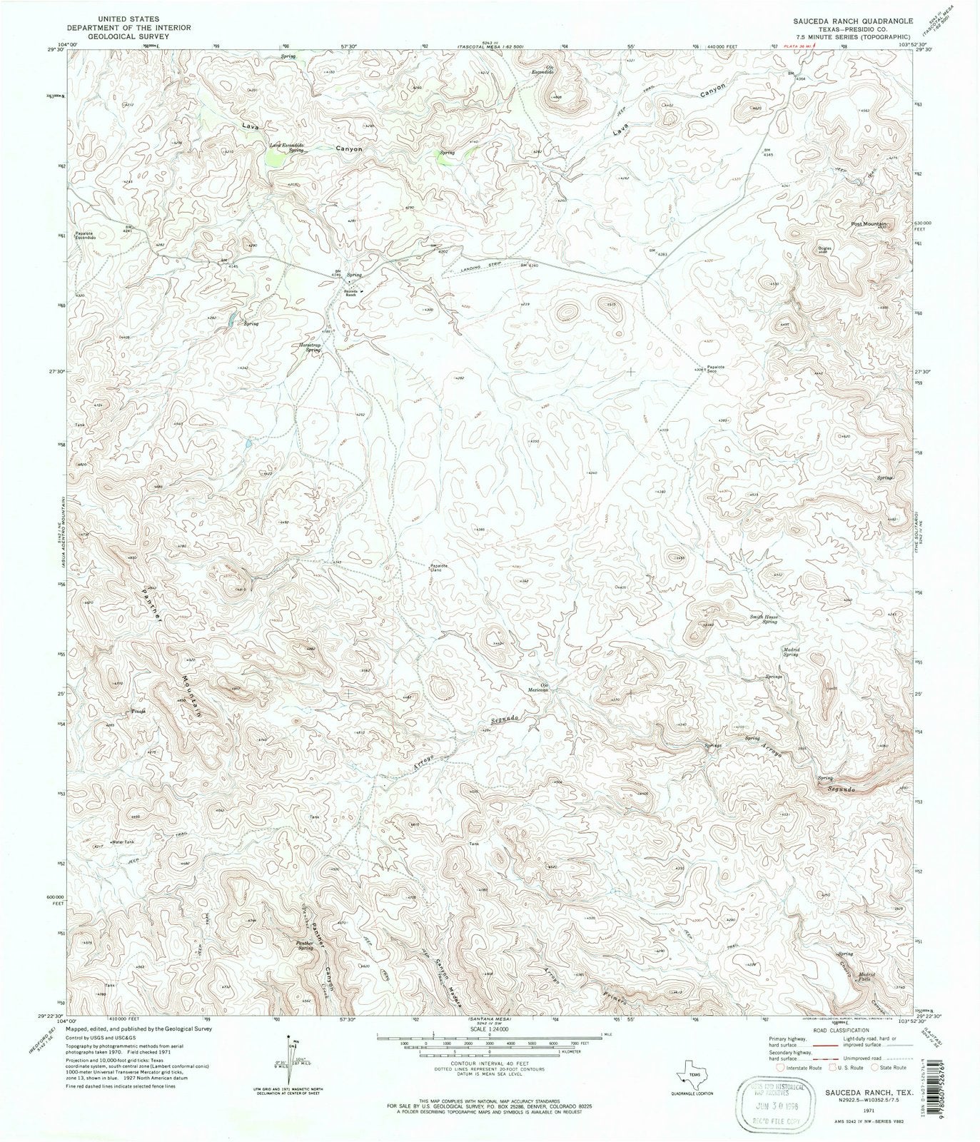 1971 Sauceda Ranch, TX - Texas - USGS Topographic Map