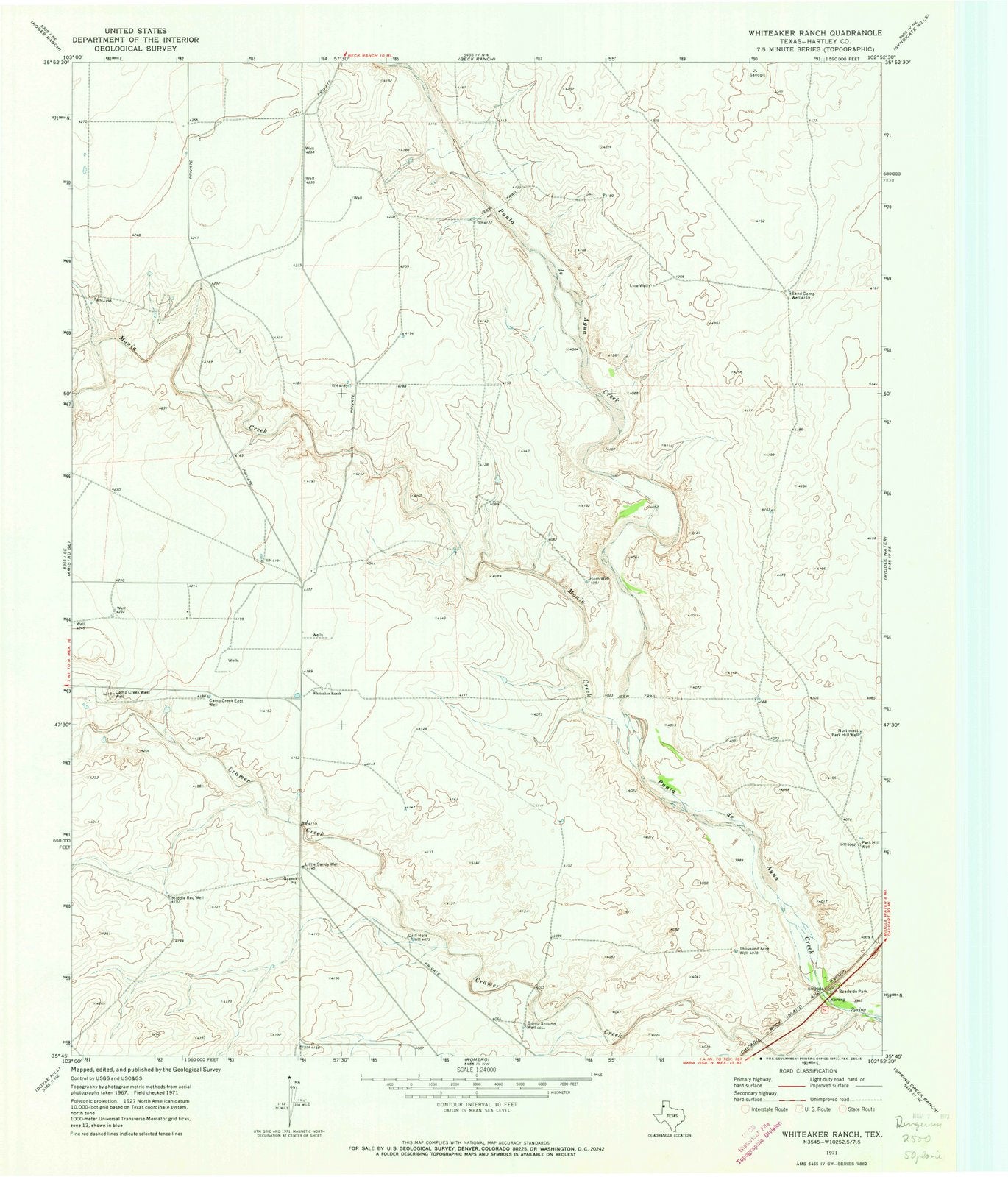 1971 Whiteaker Ranch, TX - Texas - USGS Topographic Map