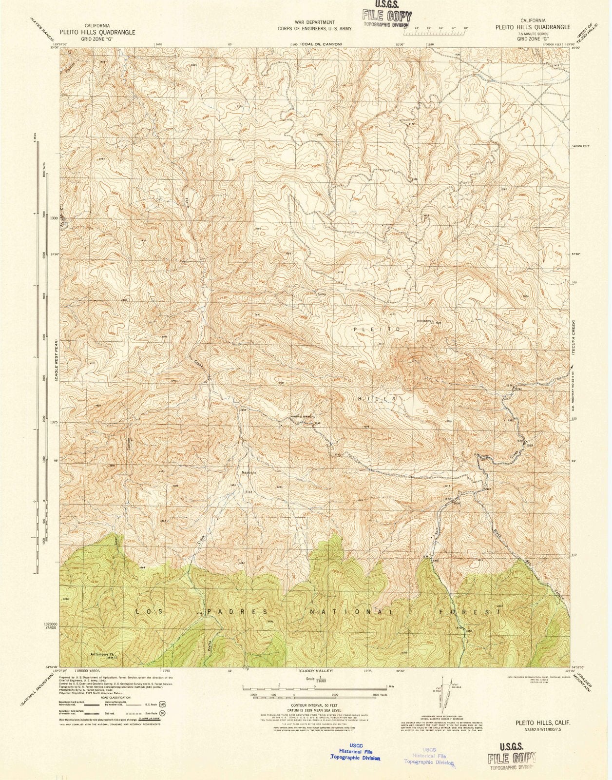 1944 Pleito Hills, CA - California - USGS Topographic Map