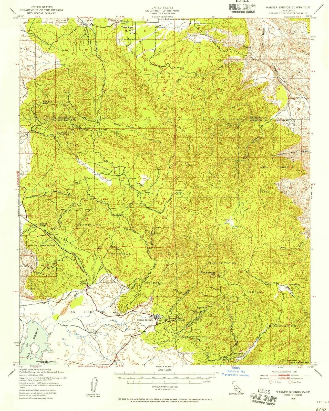 1939 Warner Springs, CA - California - USGS Topographic Map
