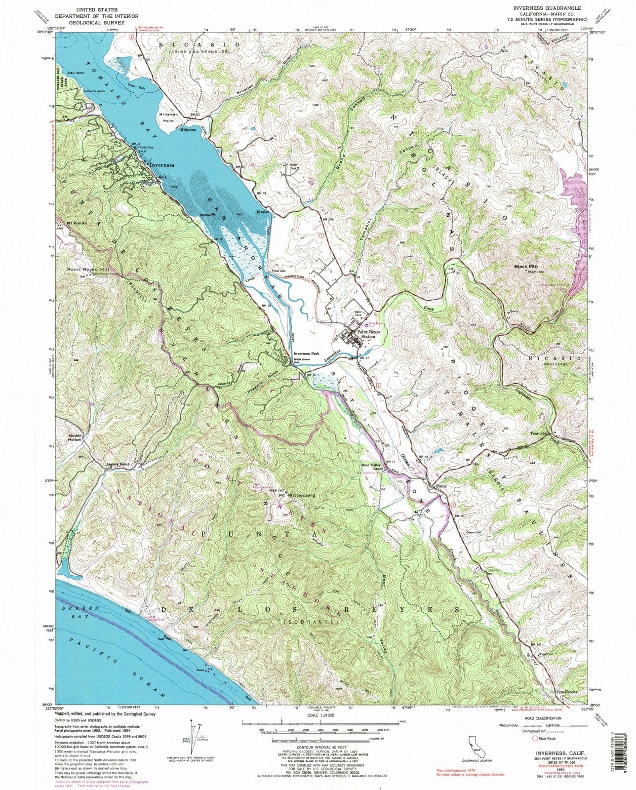1954 Inverness, CA - California - USGS Topographic Map