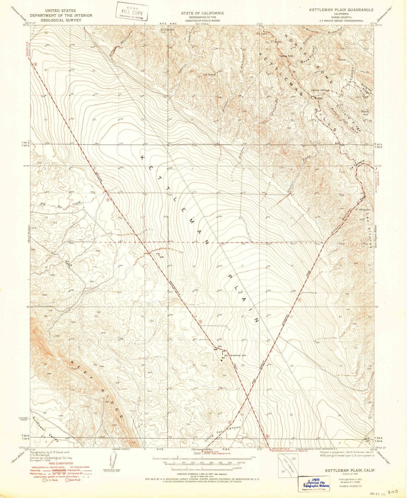 1950 Kettleman Plain, CA - California - USGS Topographic Map