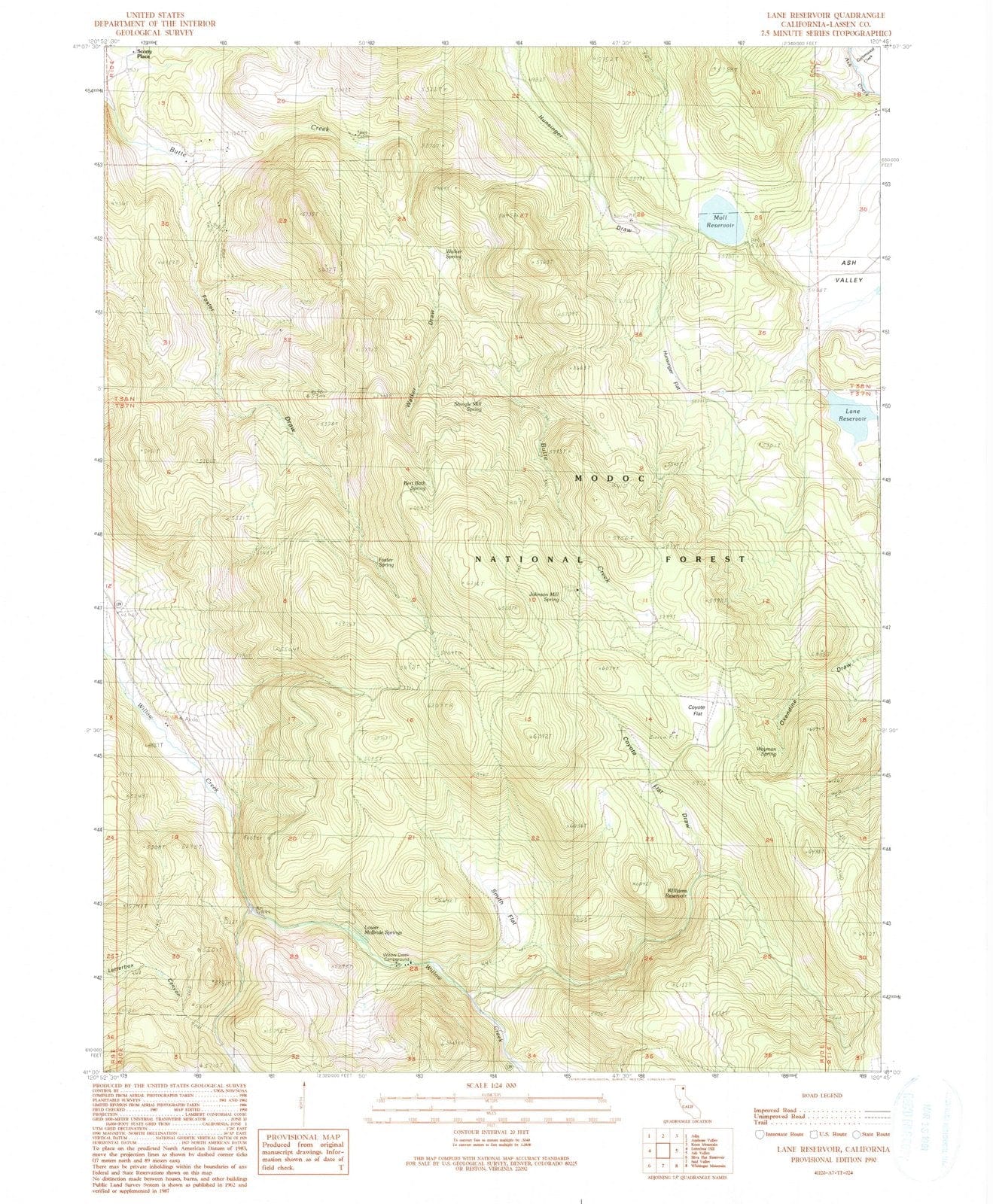 1990 Lane Reservoir, CA - California - USGS Topographic Map