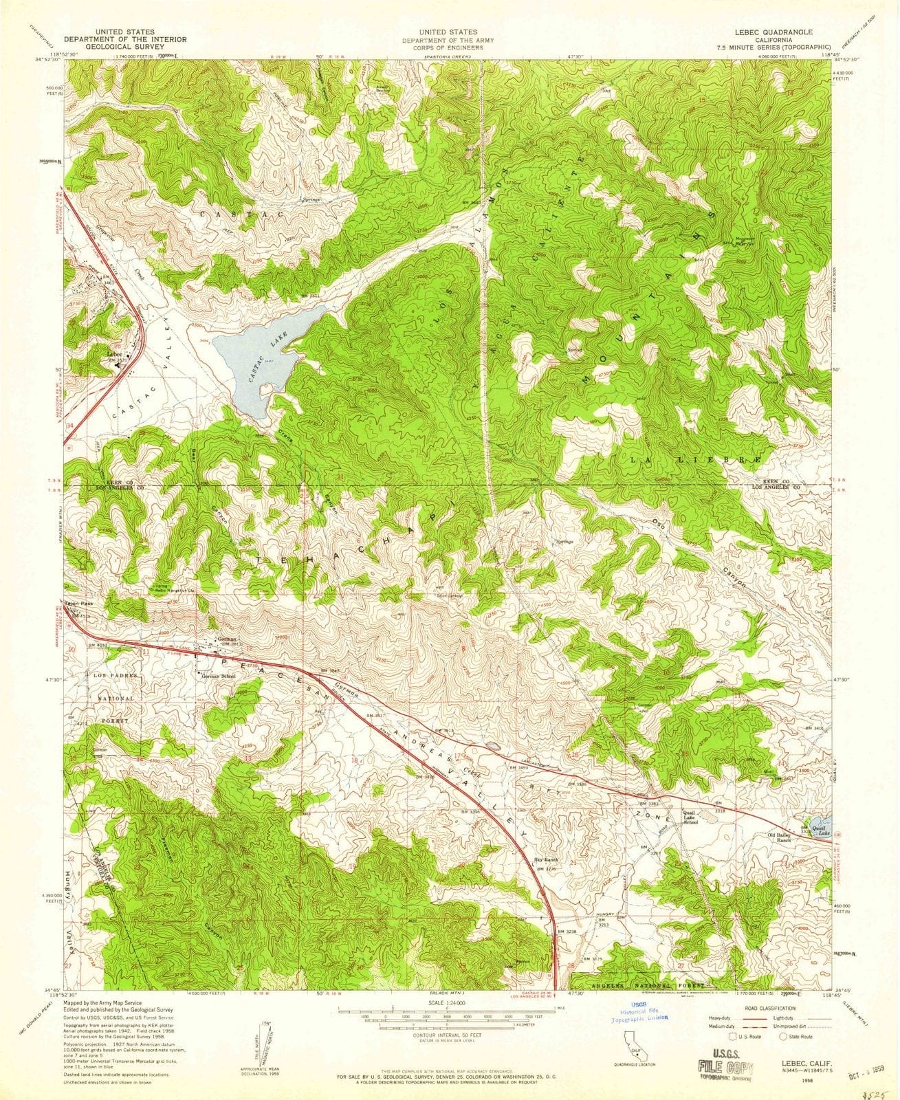 1958 Lebec, CA - California - USGS Topographic Map