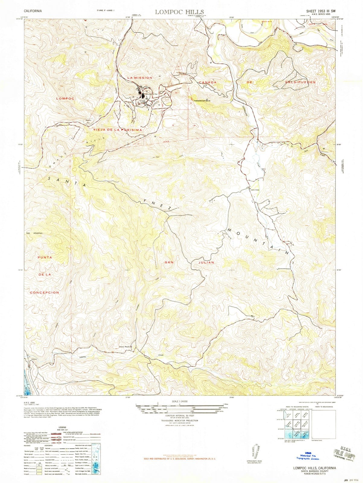 1948 Lompoc Hills, CA - California - USGS Topographic Map