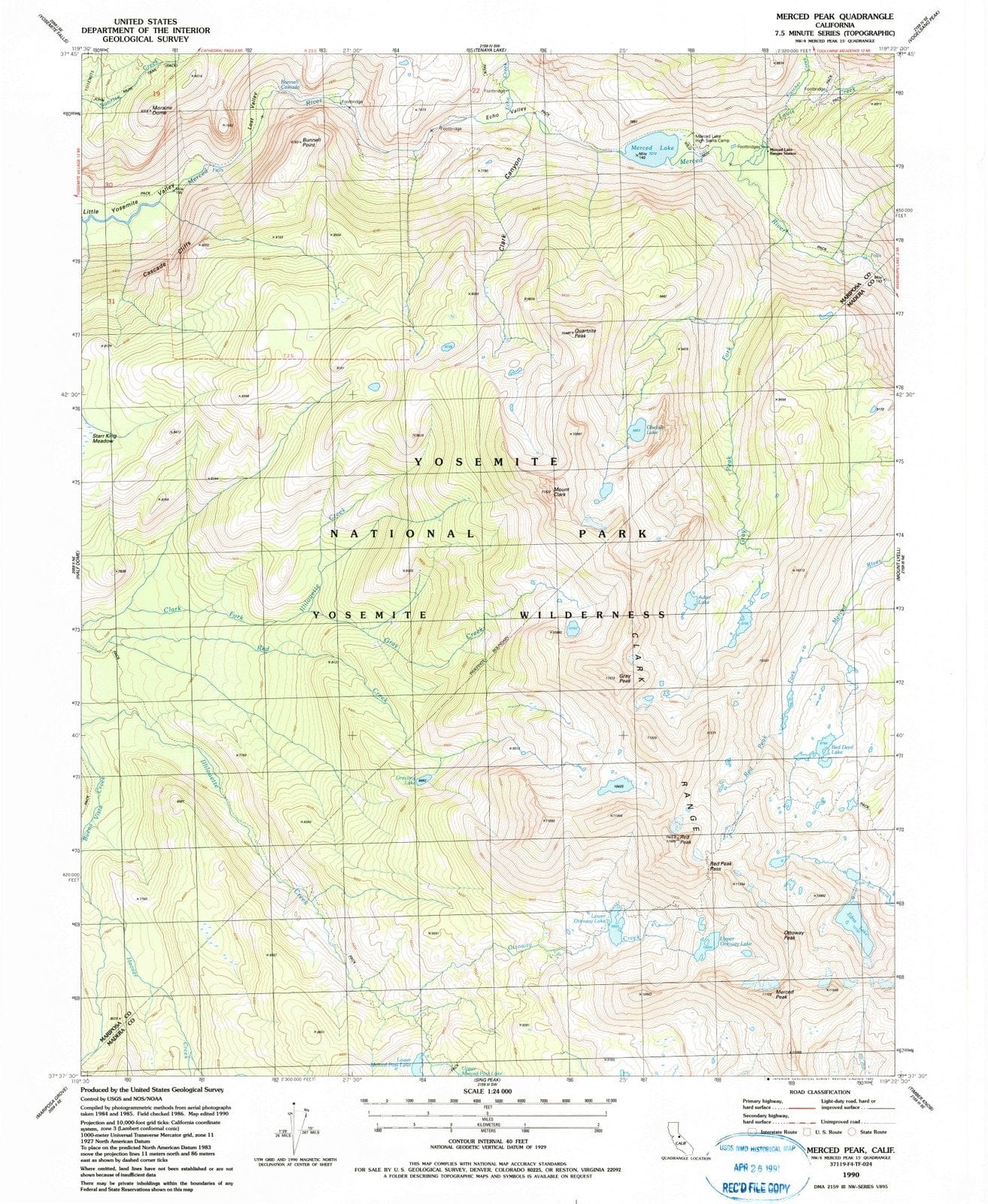 1990 Merced Peak, CA - California - USGS Topographic Map
