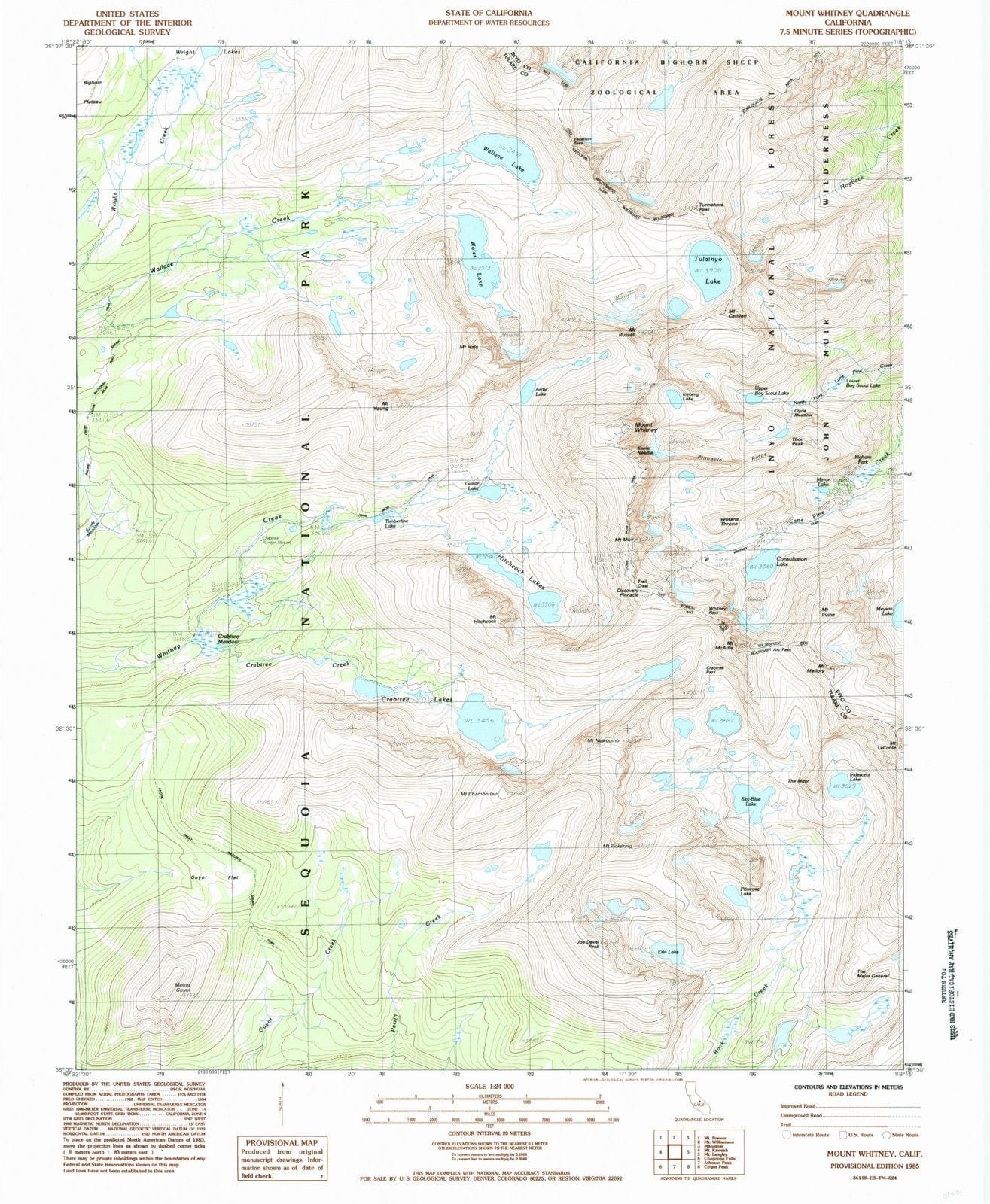 1985 Mount Whitney, CA - California - USGS Topographic Map