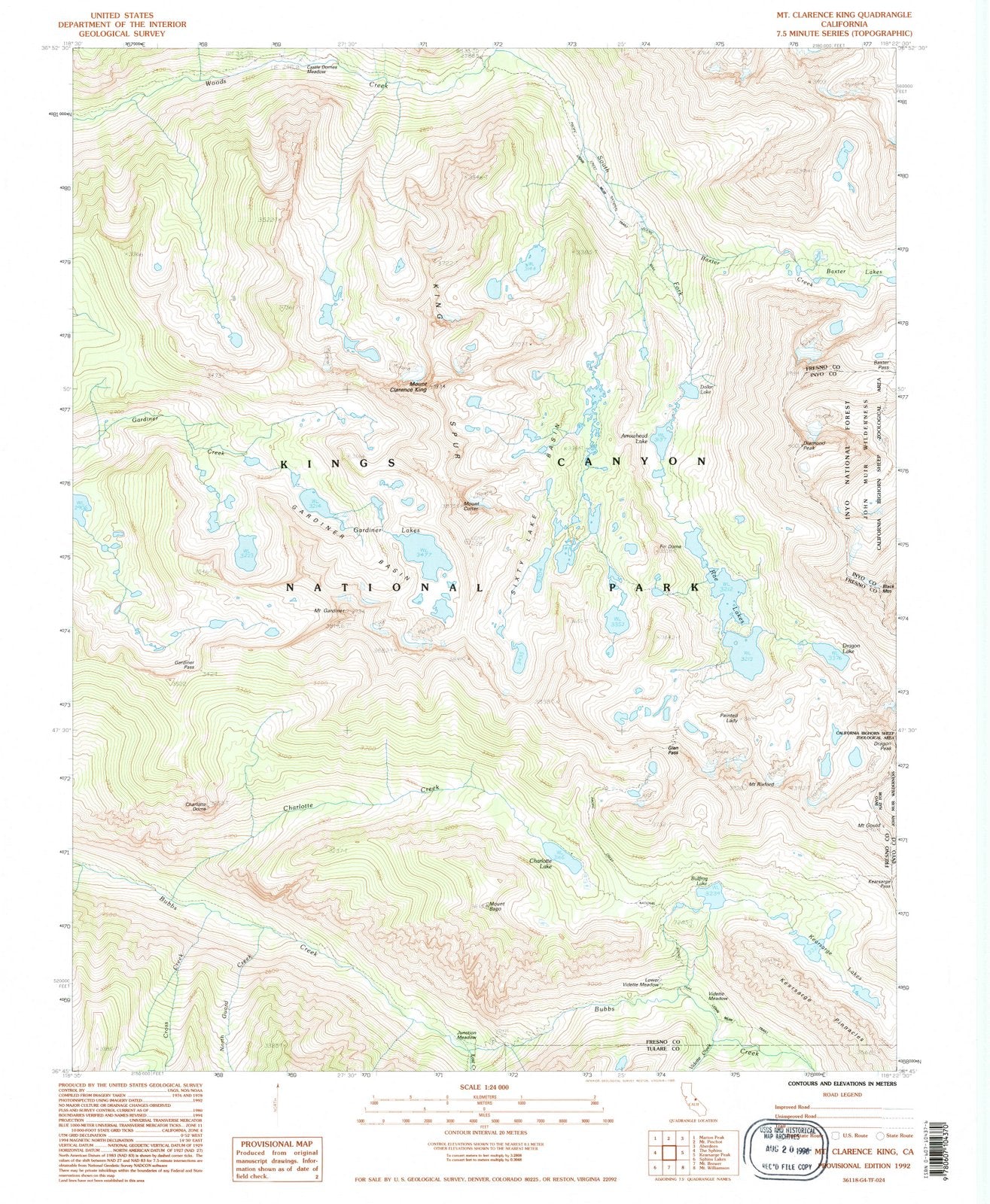 1992 Mt. Clarence King, CA - California - USGS Topographic Map