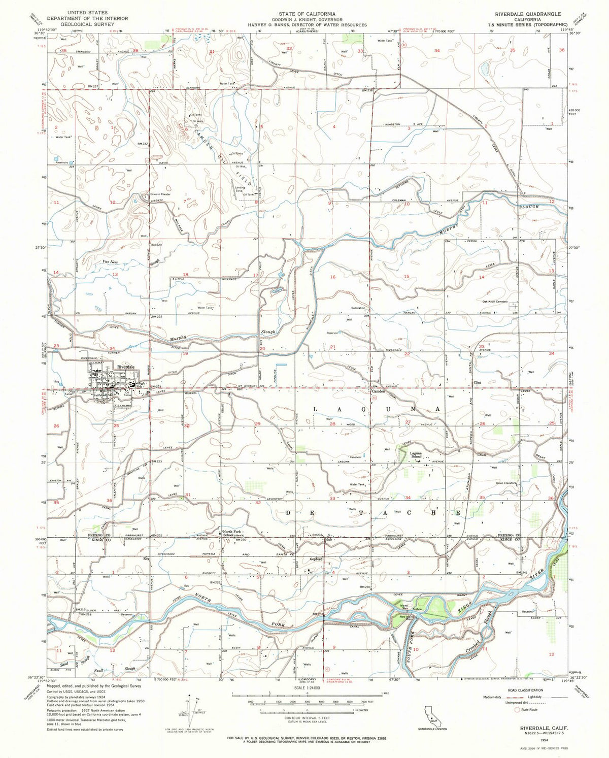 1954 Riverdale, CA - California - USGS Topographic Map