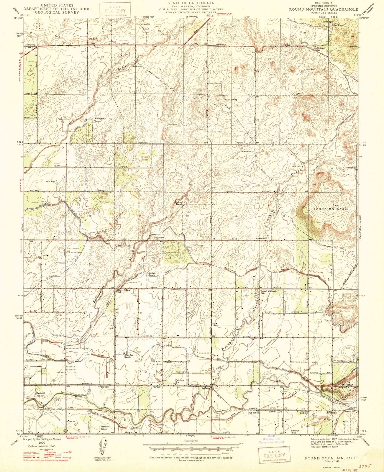 1947 Round Mountain, CA - California - USGS Topographic Map
