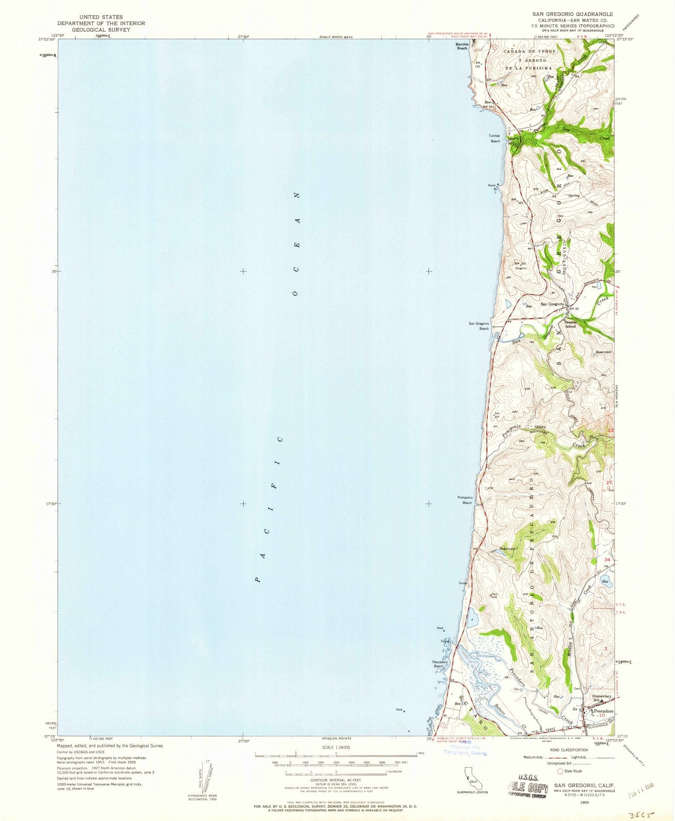 1955 San Gregorio, CA - California - USGS Topographic Map