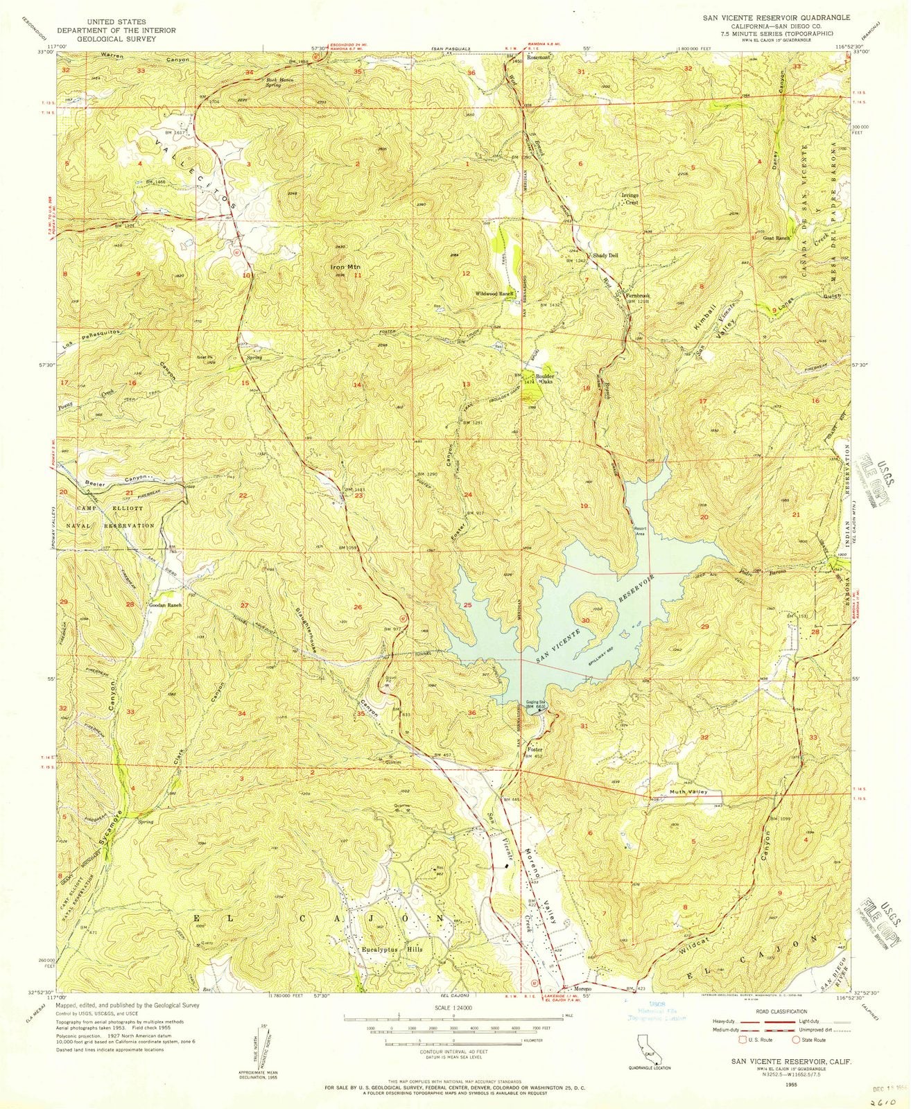 1955 San Vicente Reservoir, CA - California - USGS Topographic Map