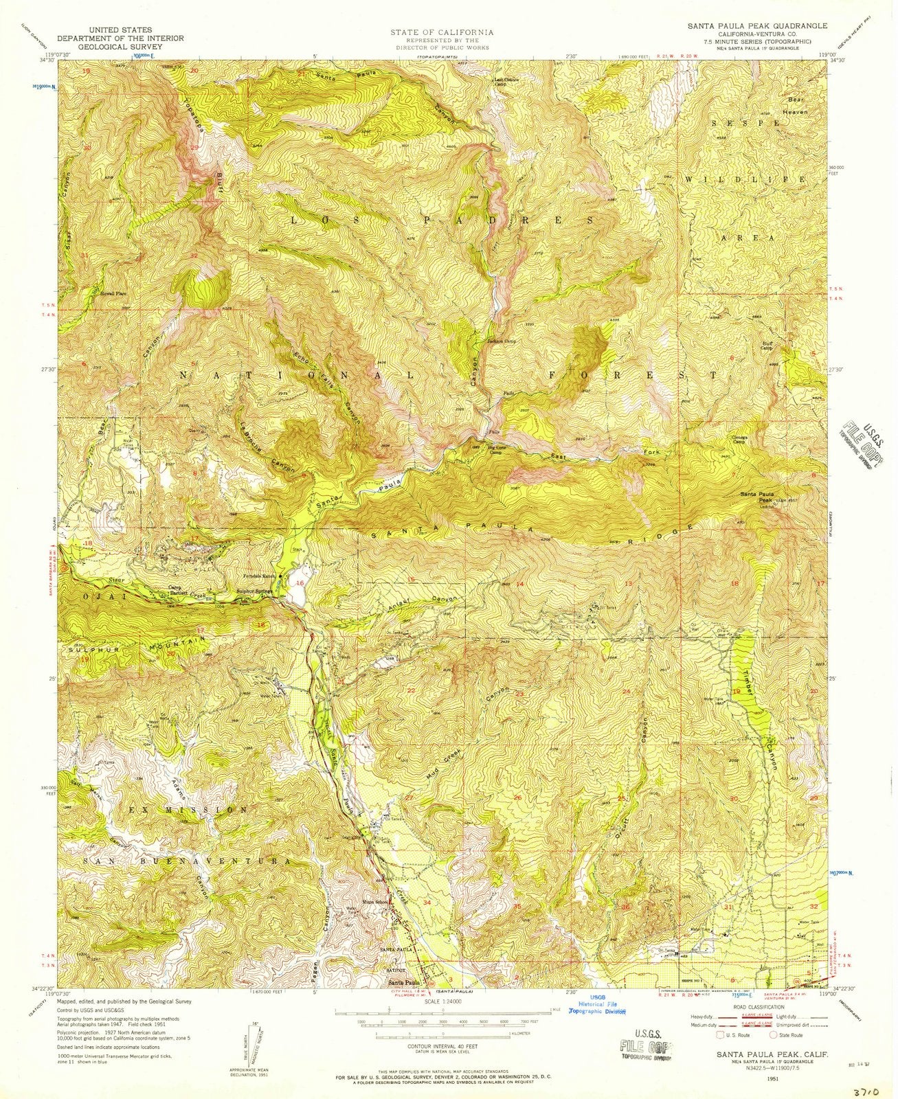 1951 Santa Paula Peak, CA - California - USGS Topographic Map