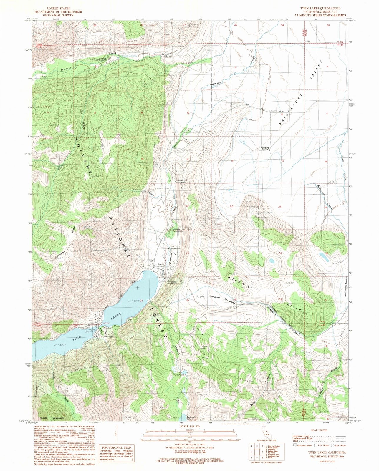 1990 Twin Lakes, CA - California - USGS Topographic Map