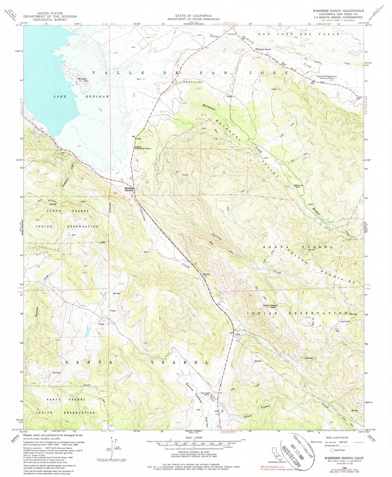 1960 Warners Ranch, CA - California - USGS Topographic Map