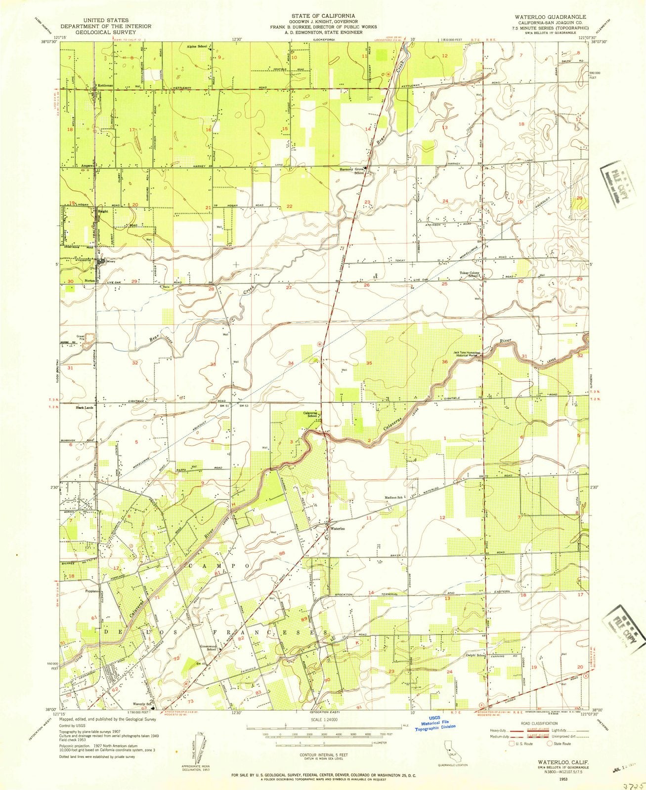 1953 Waterloo, CA - California - USGS Topographic Map