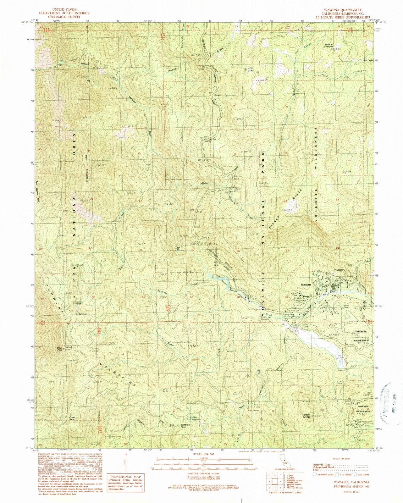 1990 Wawona, CA - California - USGS Topographic Map