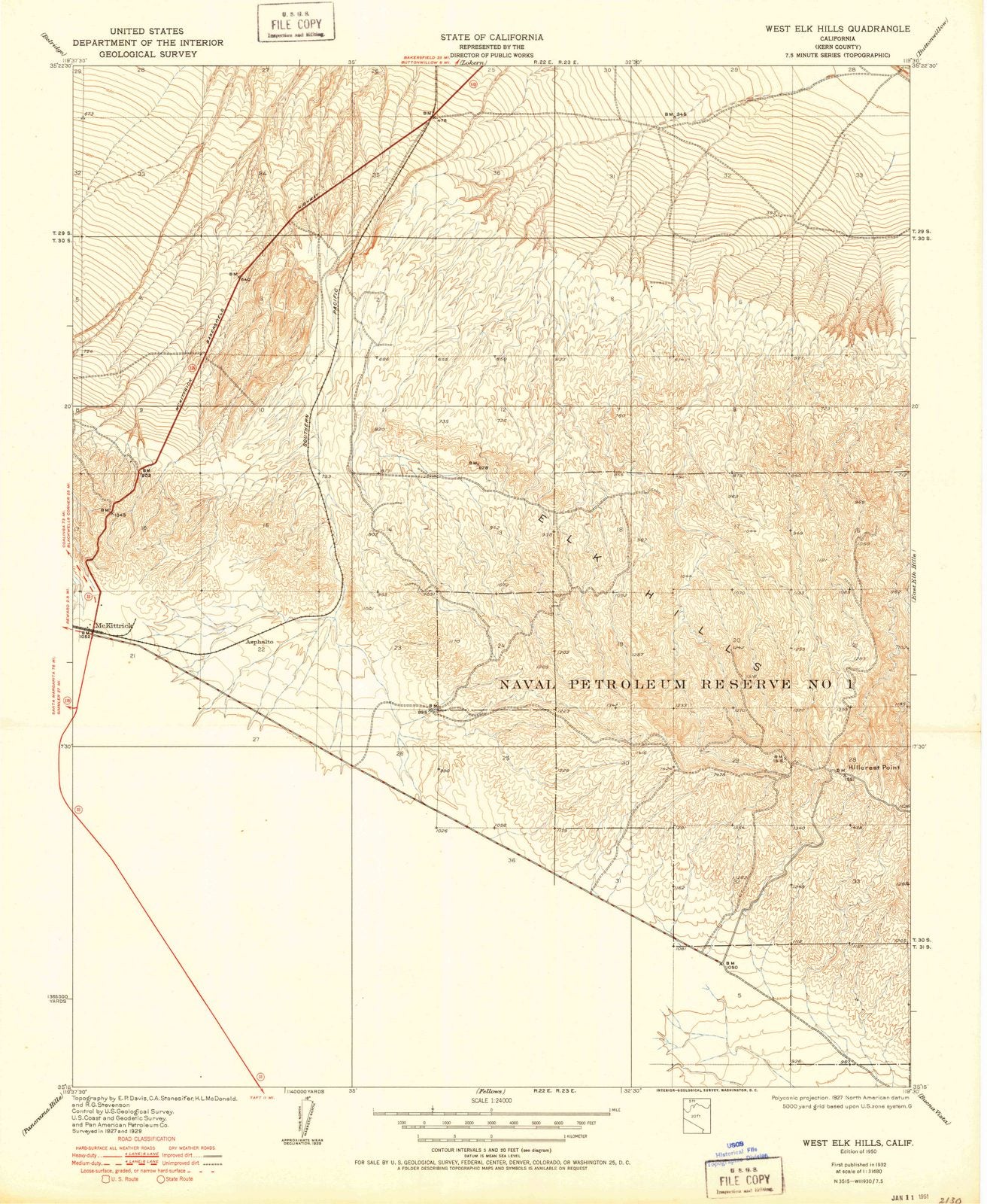1950 West Elk Hills, CA - California - USGS Topographic Map