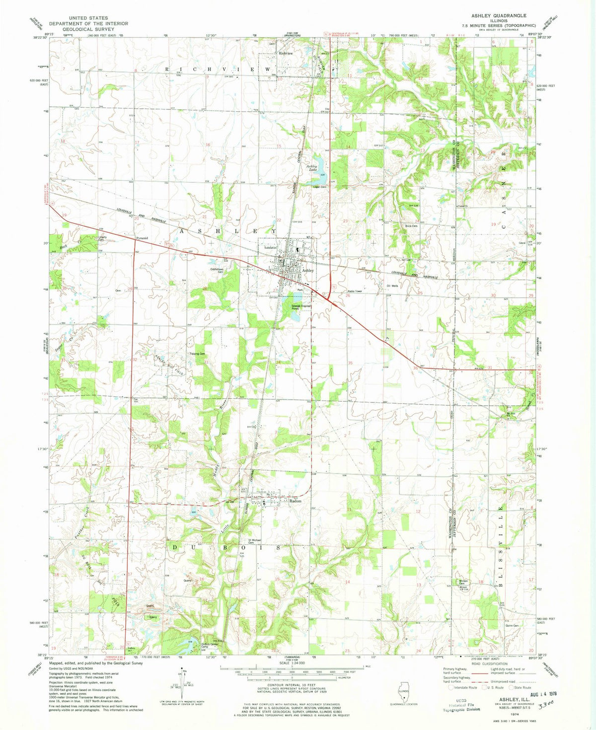 1974 Ashley, IL - Illinois - USGS Topographic Map