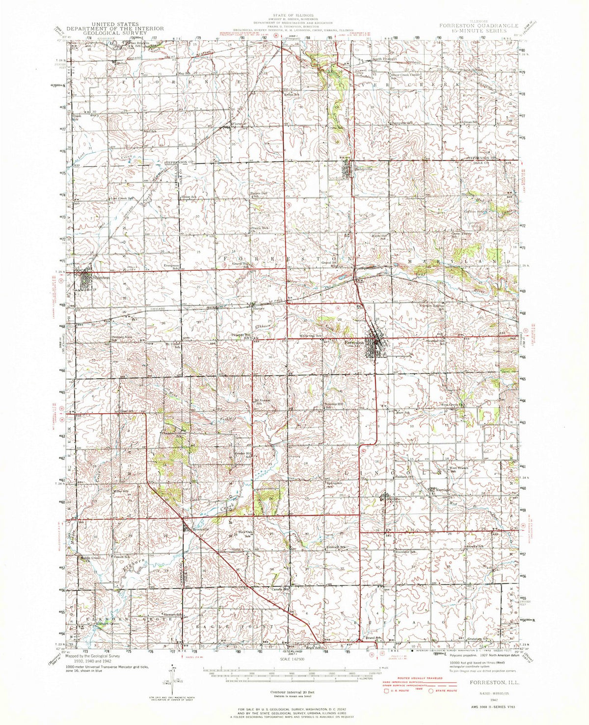 1942 Forreston, IL - Illinois - USGS Topographic Map