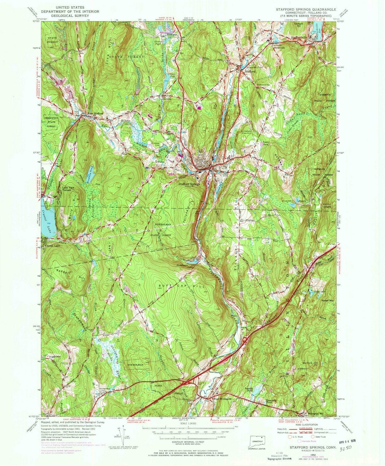 1952 Stafford, CT - Connecticut - USGS Topographic Map
