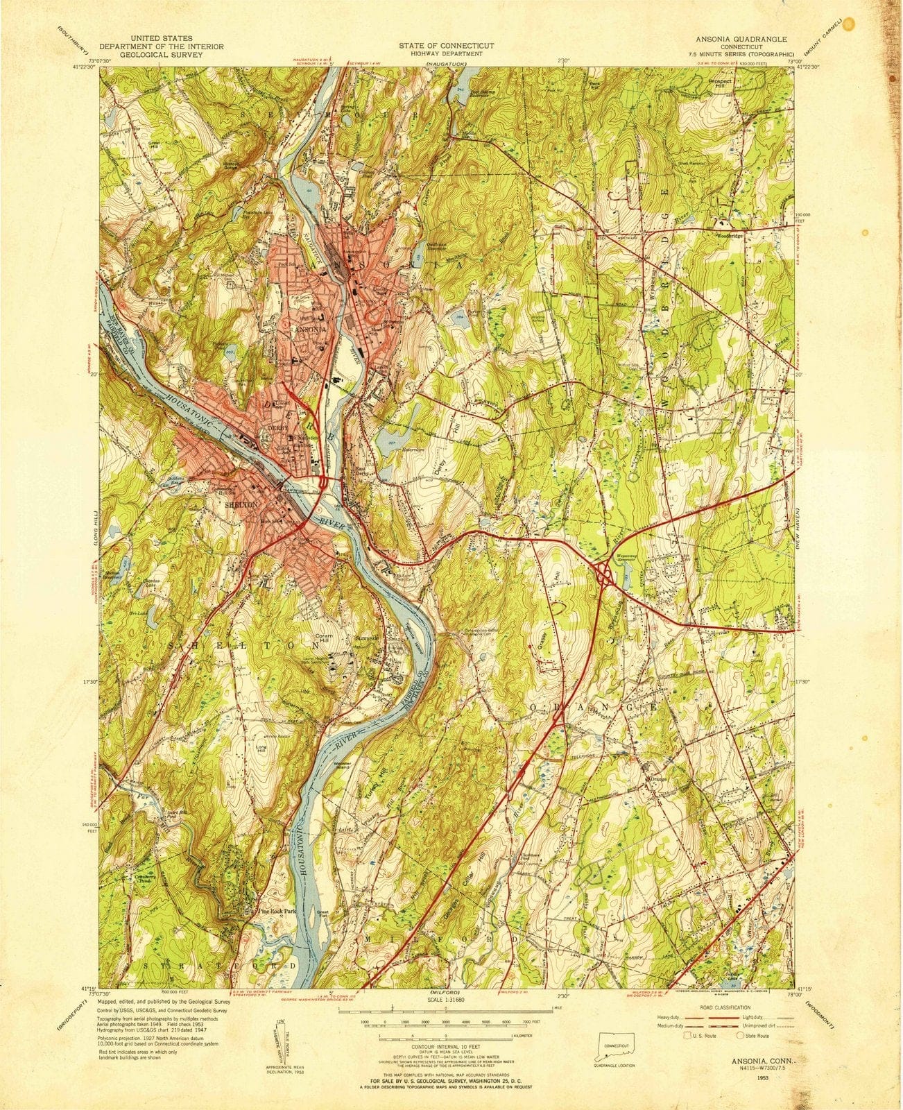 1953 Ansonia, CT - Connecticut - USGS Topographic Map v2