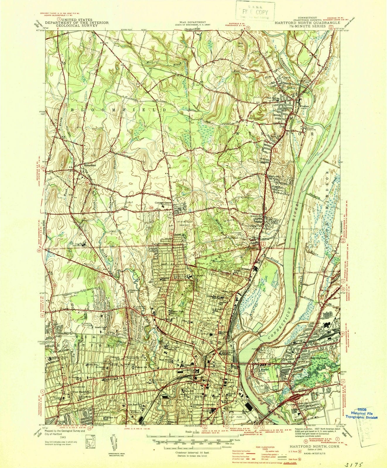 1945 Hartford North, CT - Connecticut - USGS Topographic Map