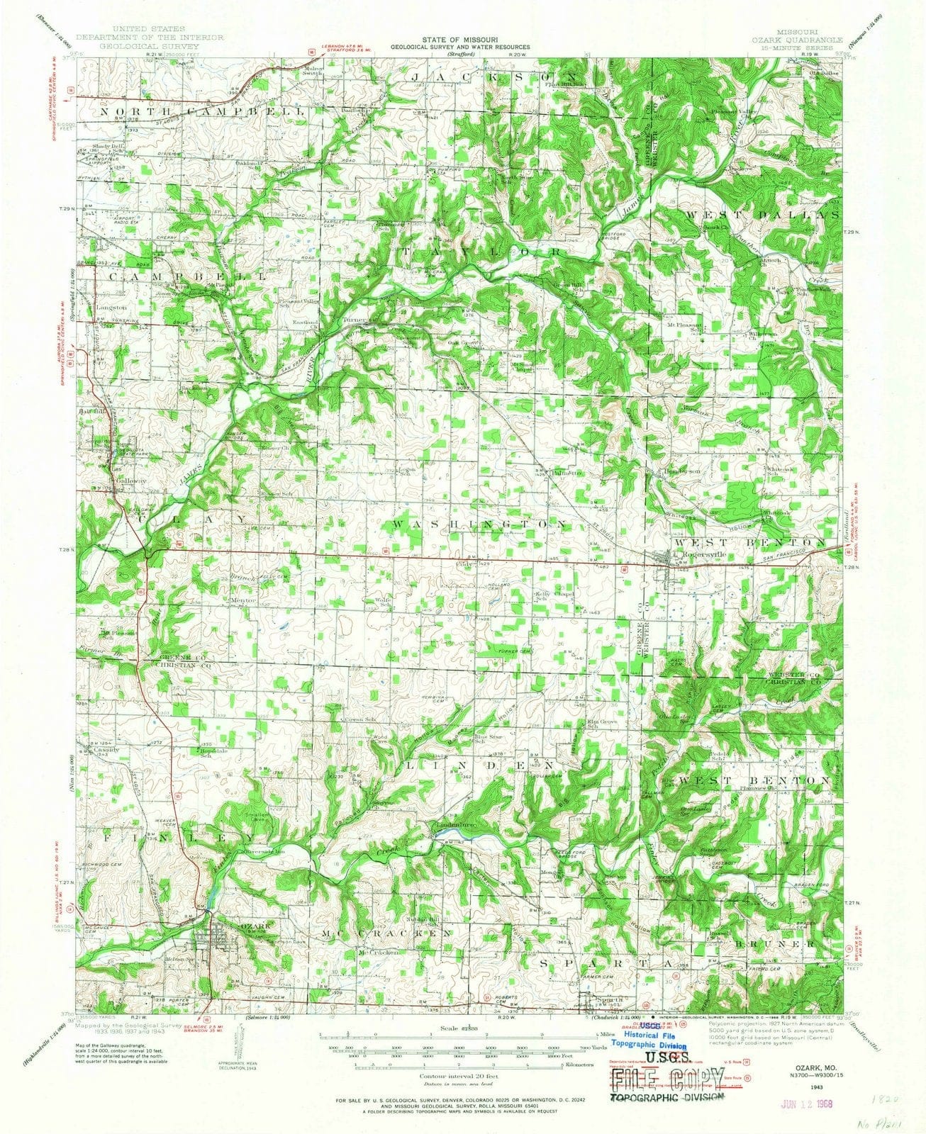 1943 Ozark, MO - Missouri - USGS Topographic Map