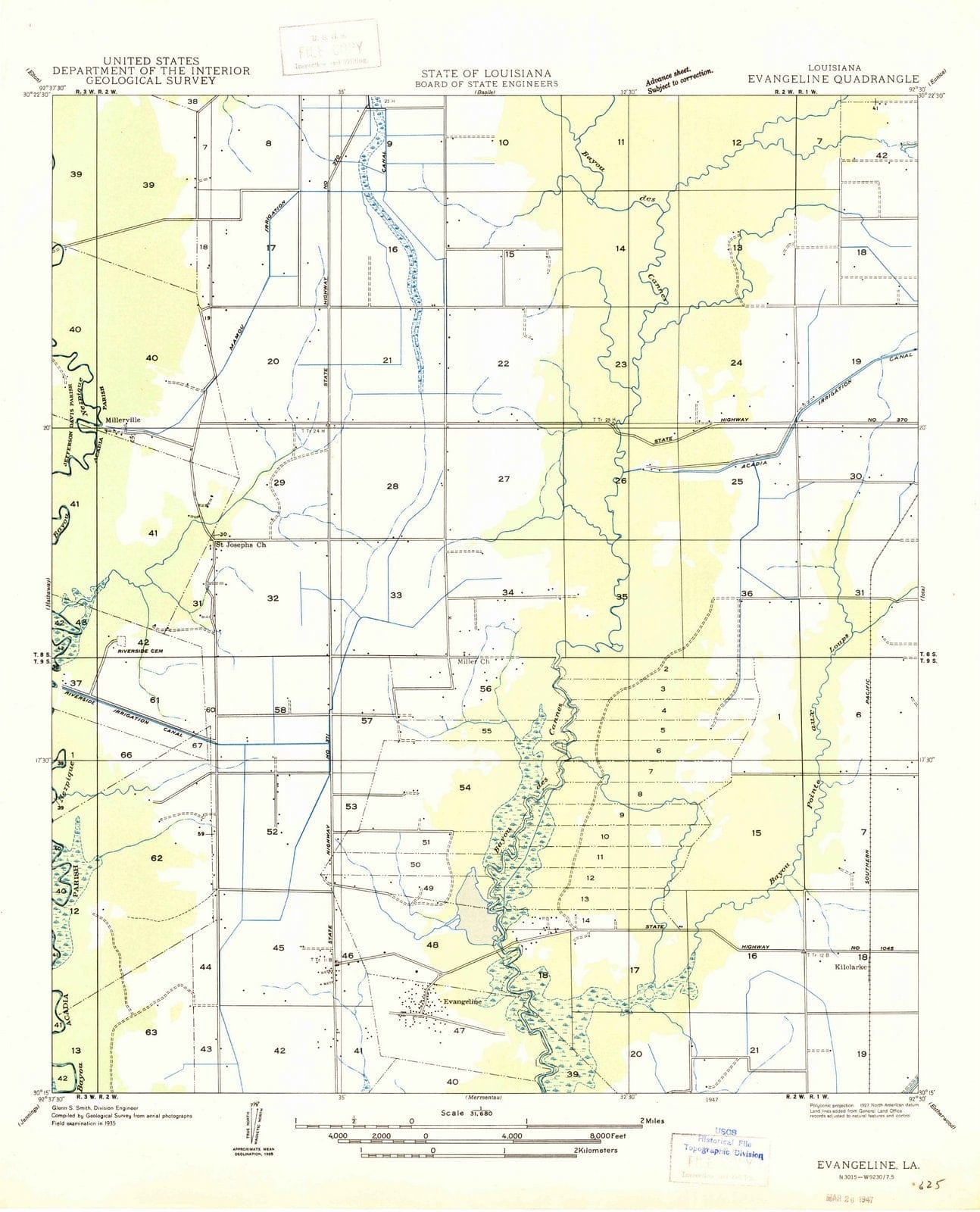 1947 Evangeline, LA - Louisiana - USGS Topographic Map