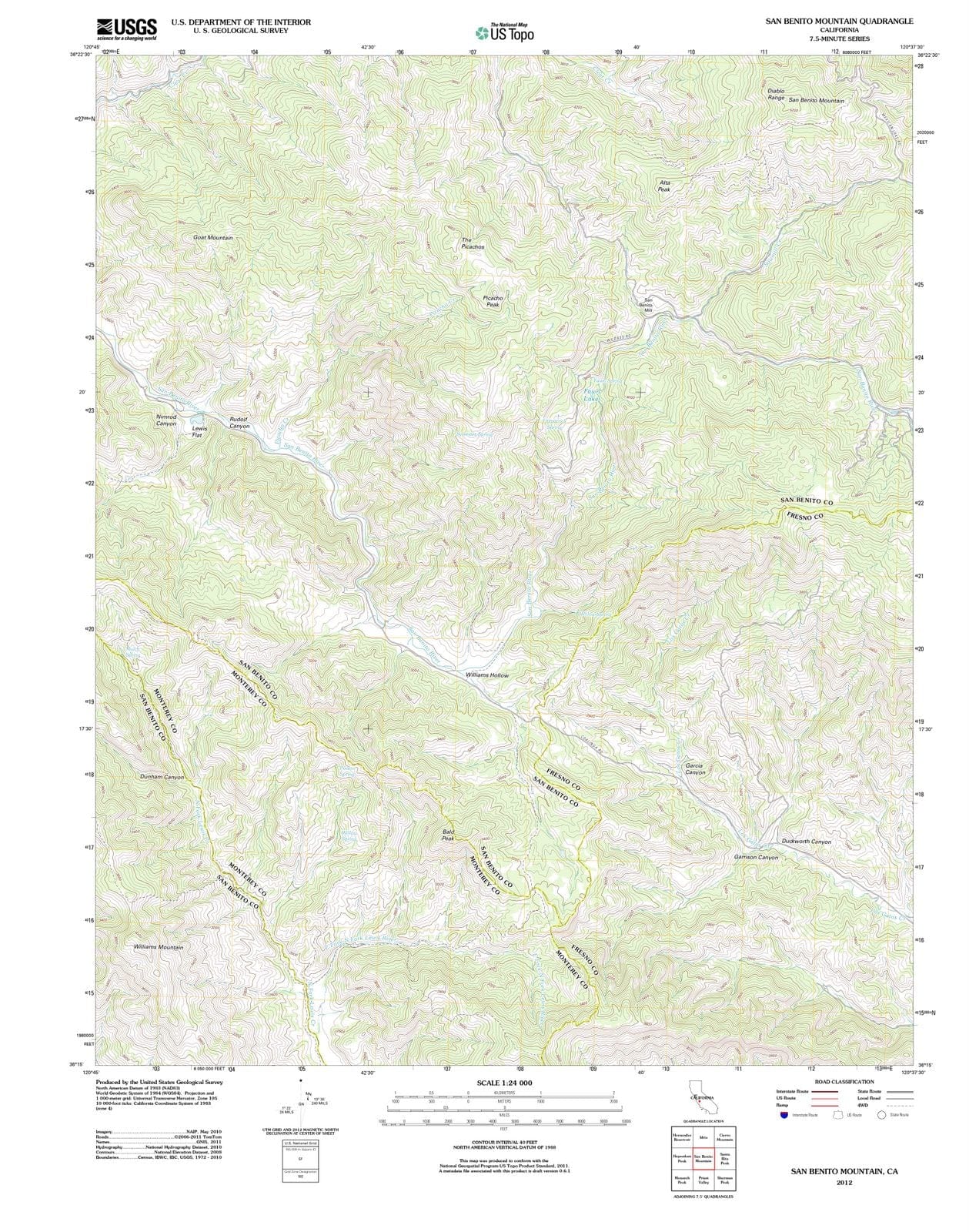 2012 San Benito Mountain, CA - California - USGS Topographic Map