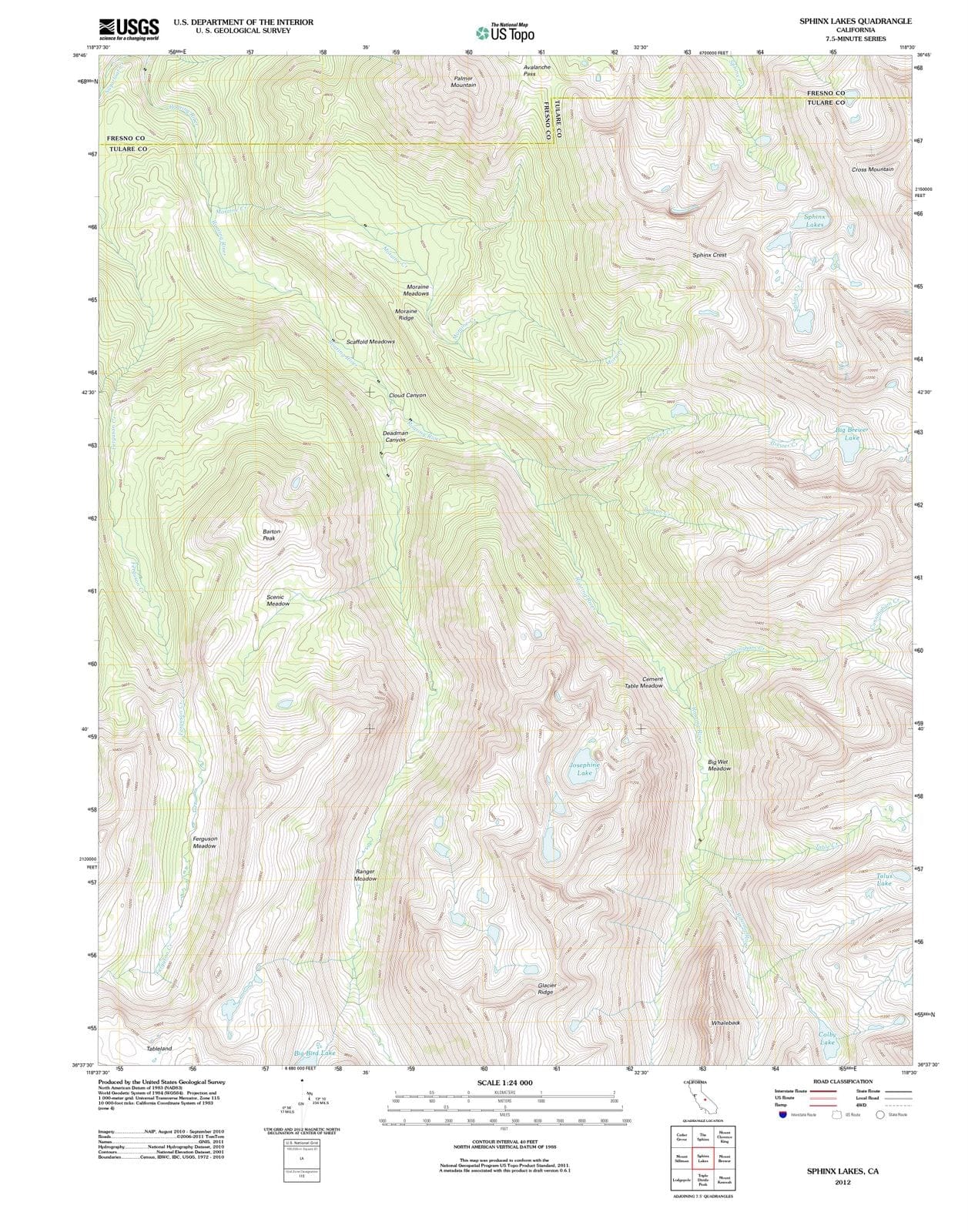 2012 Sphinx Lakes, CA - California - USGS Topographic Map
