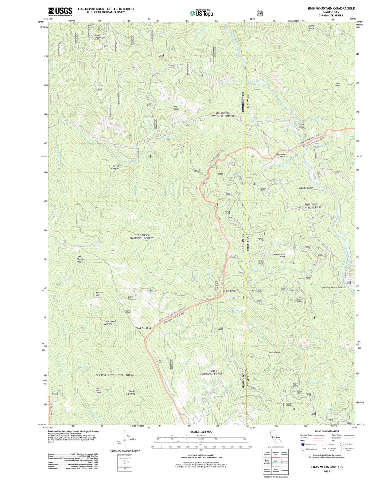 2012 Sims Mountain, CA - California - USGS Topographic Map