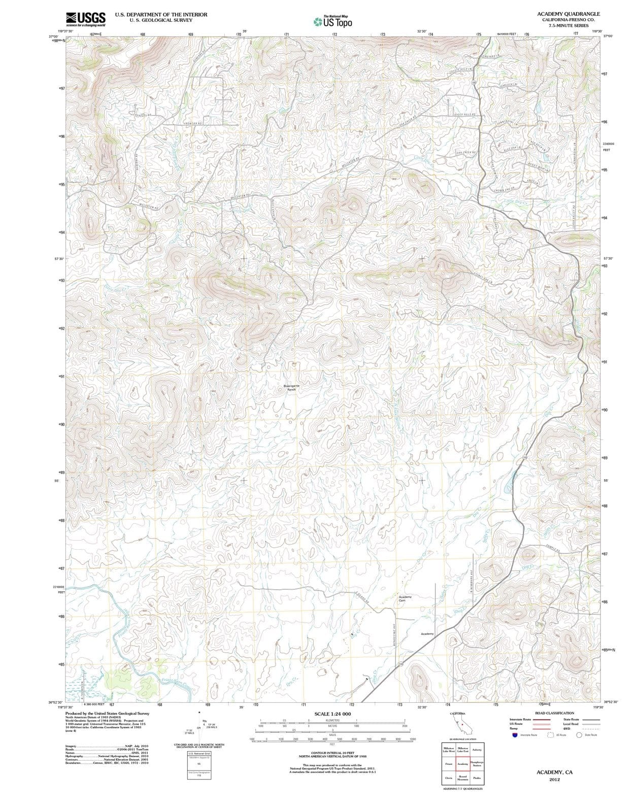 2012 Academy, CA - California - USGS Topographic Map